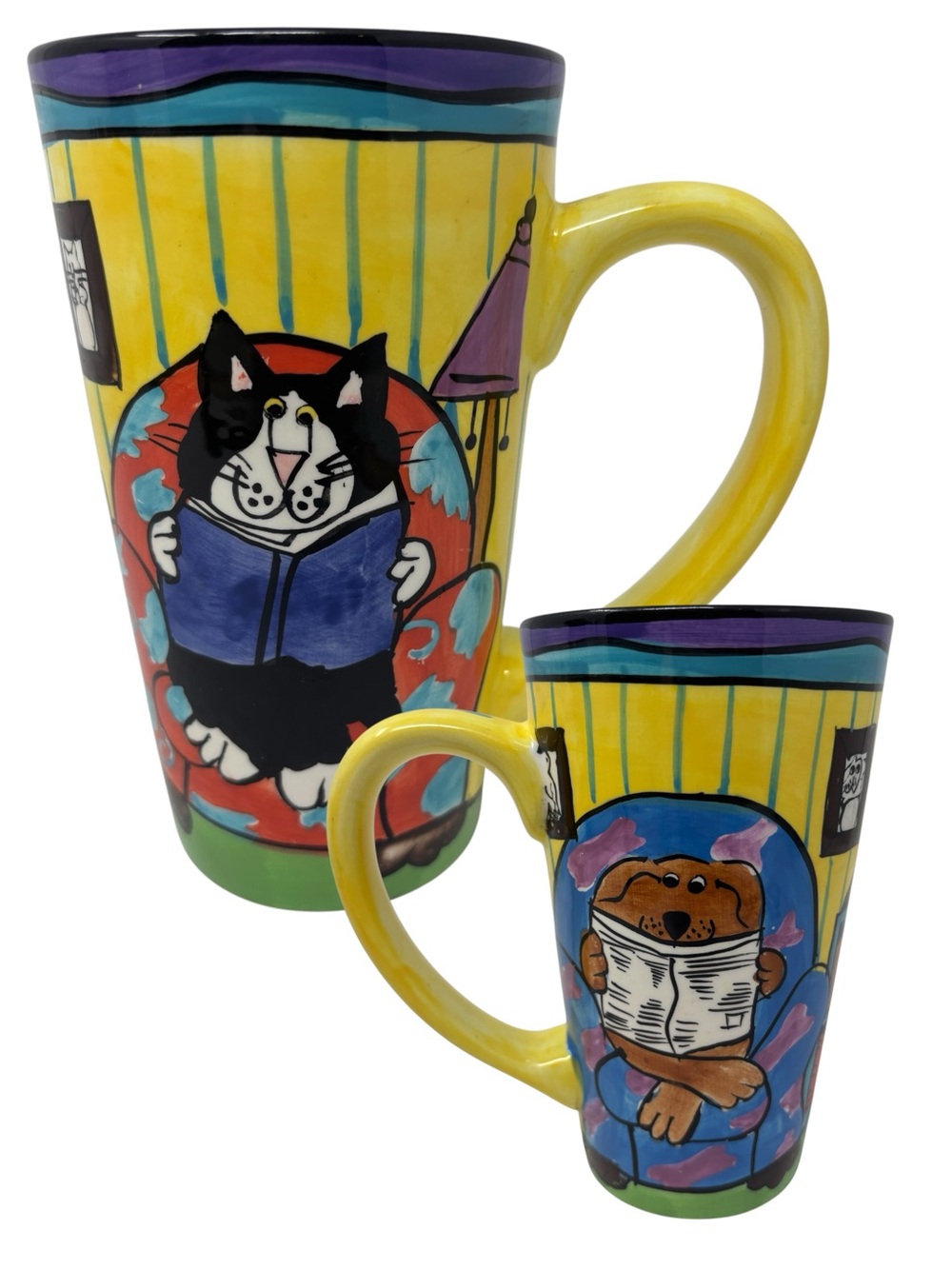 Vintage 1999 Catzilla Candace Reiter Large Tall Ceramic Mug Cat Dog Reading